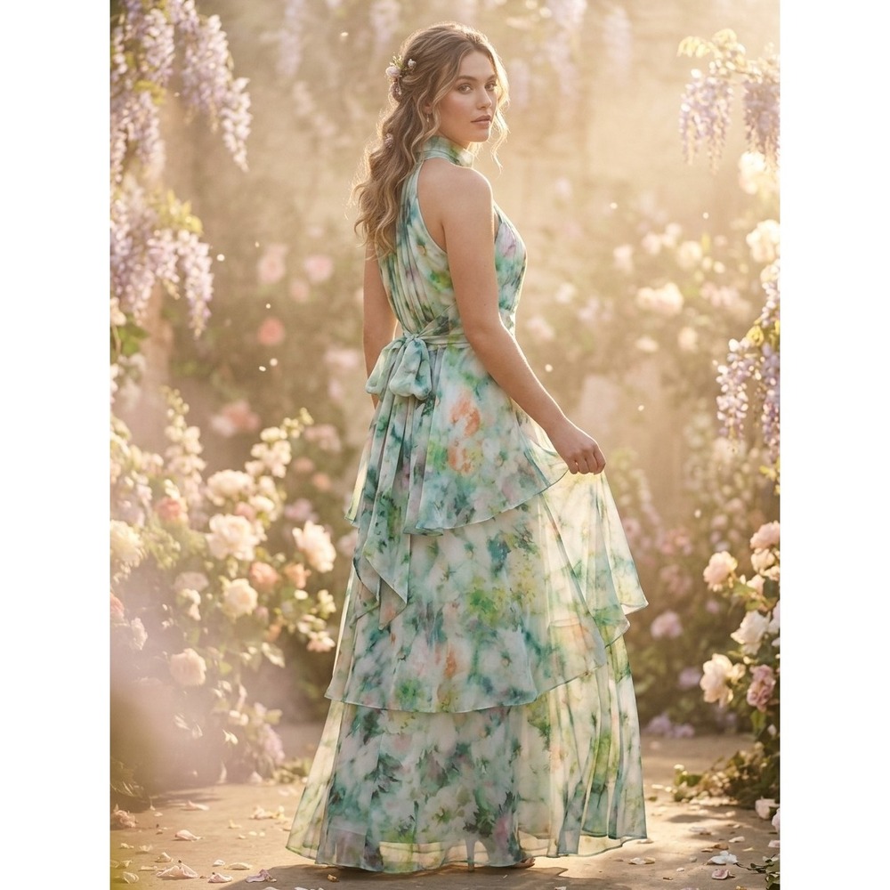 Alex Marie Halter Fairy Romantic Y2K Watercolor Tier Layer Maxi Dress 14 Formal